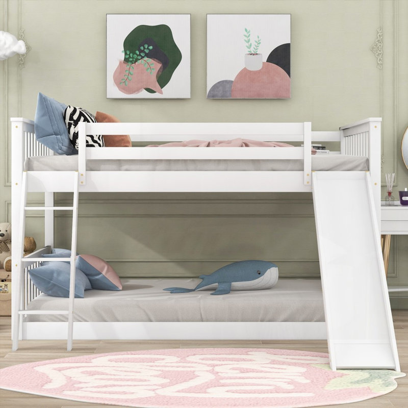 Lit superposé double / double avec glissière convertible et échelle, peu encombrant, mobilier blanc robuste, Blanc