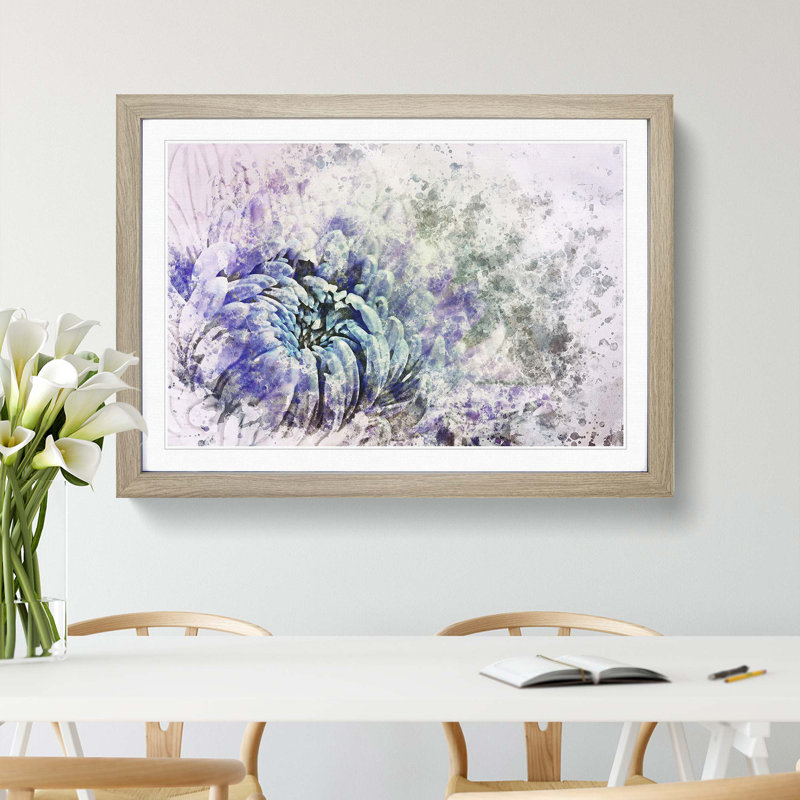 Lilac & Blue Chrysanthemum in Abstract - Picture Frame Painting Print, 48cm H x 65cm W x 2cm D, Oak Framed