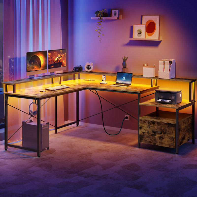Kurtiss 68" L Shaped Computer Desk with File Drawer with Power Outlet & LED Strip, Rustic Brown