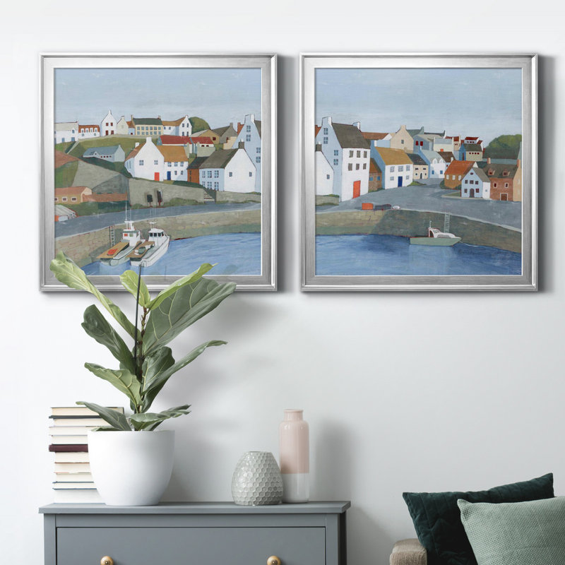 Ensemble de 2 cadres photo Old Coast Town I Old Coast Town I, H 22,5 po x l 45 po x P 1,5 po, Toile avec cadre argenté
