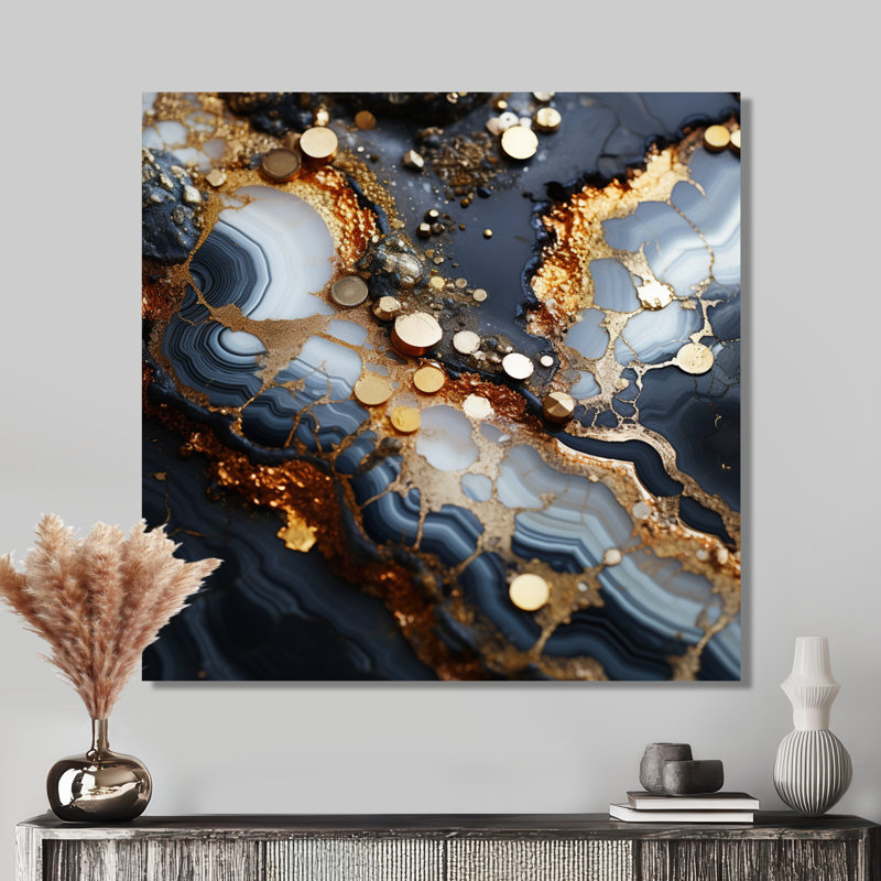 Décoration murale luxueuse en agate éclipse, blanc et bleu doré, H 16 po x l 16 po x P 1 po, Métal métal