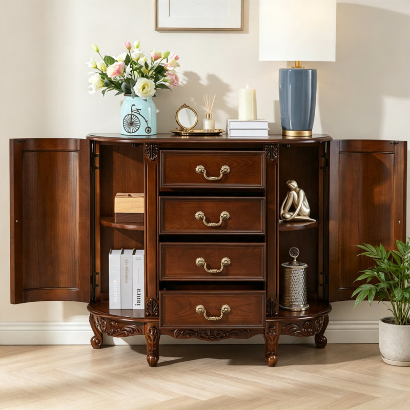 Meuble d'appoint rétro en bois massif brun noyer, 35.43" H x 31.49" W x 13.77" D