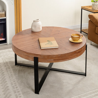 33.86" Round Wood Coffee Table Modern Retro Splicing Fir Table Top With Black Cross Legs Base