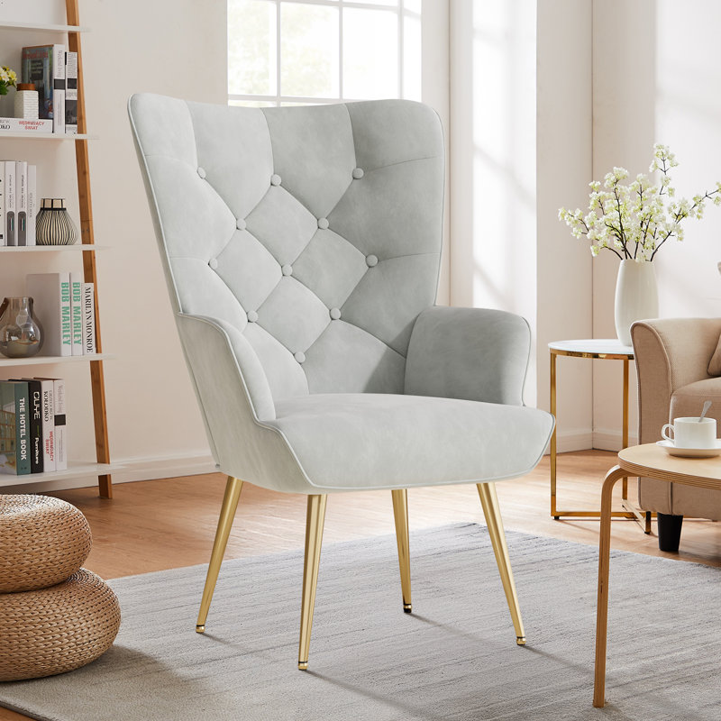 Bastoam 50Cm Wide Tufted Velvet Wingback Chair, Grey, 1