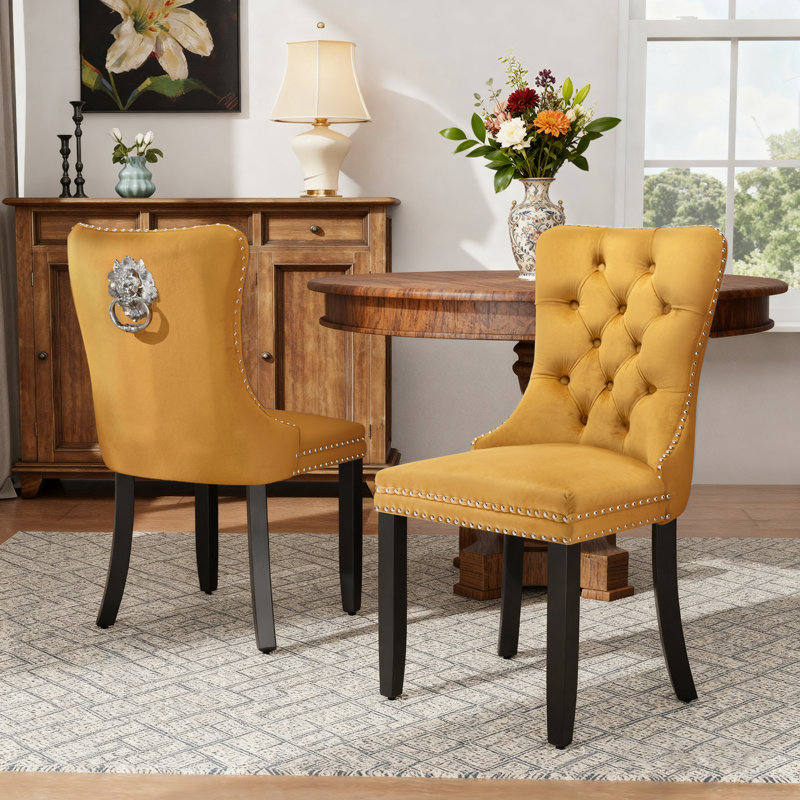 Modern Velvet  Wingback Tufted Solid Wood Upholstered Dining Chairs (Set of 2), Black/Orange