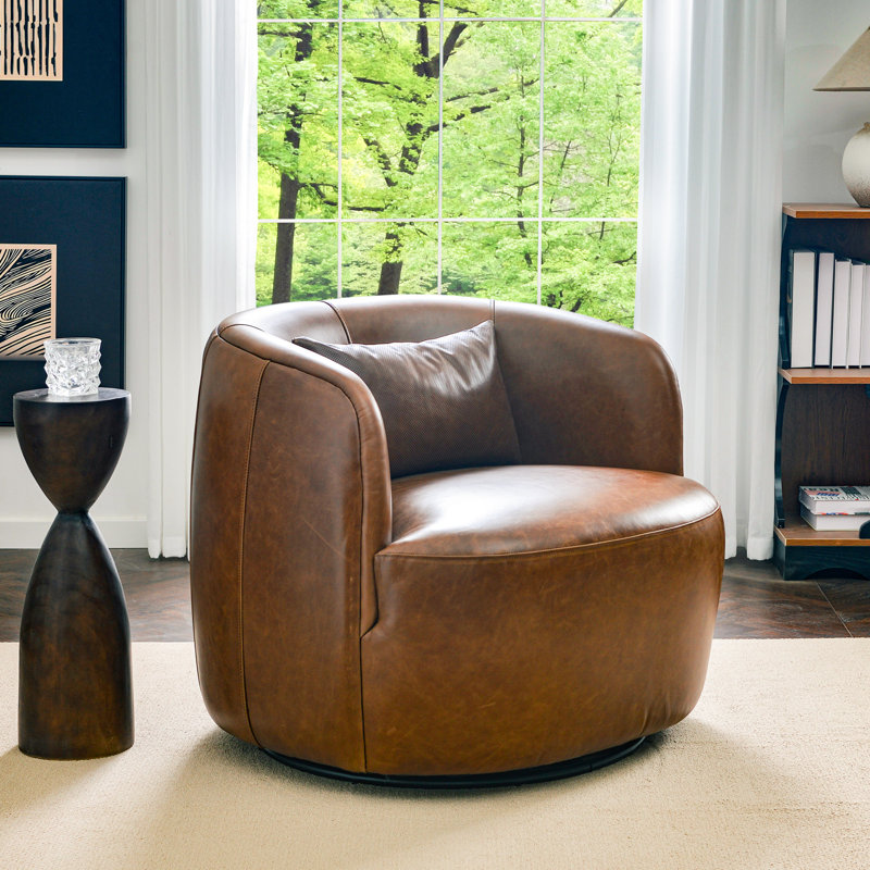 Jaydin 100% Genuine Leather Swivel Barrel Armchair with Natural Leather Aroma, Brown