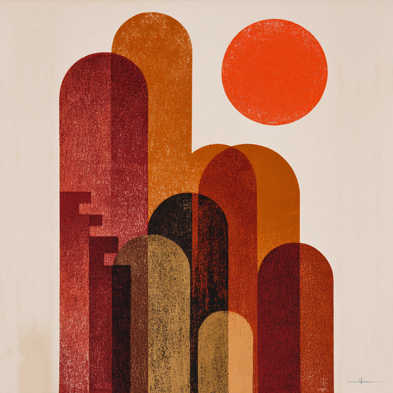 Abstrait géométrique avec soleil levant dans des tons chauds, art mural sur toile, H 30 po x l 30 po