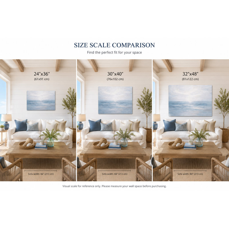 Art mural doux bleu océan horizon, peinture de paysage marin côtier clair, décoration murale moderne sur toile tendue