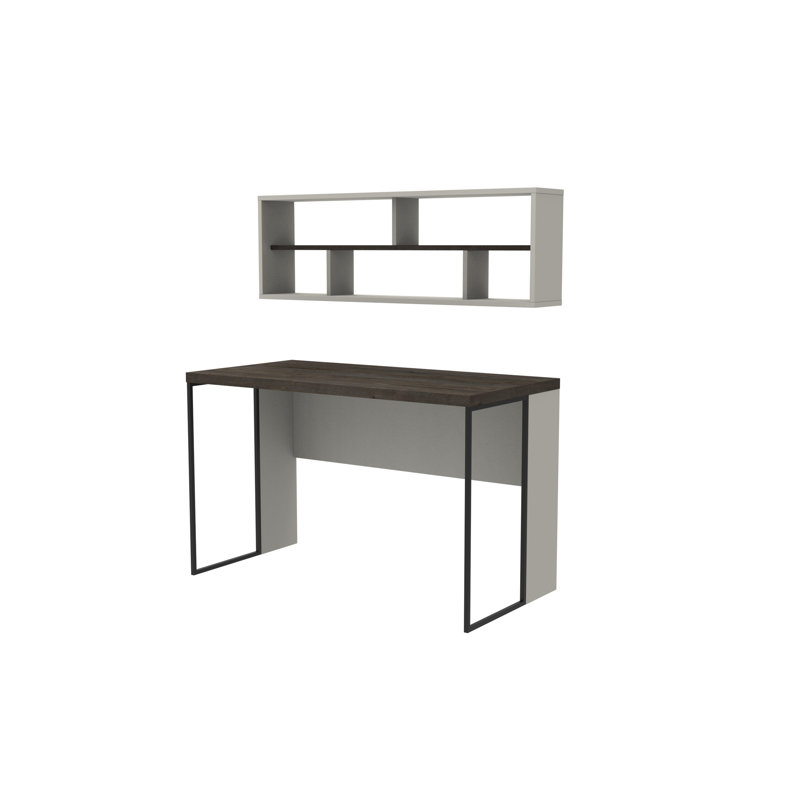 Traudel Writing Desk With Wall Shelf, White/Dark Coffee