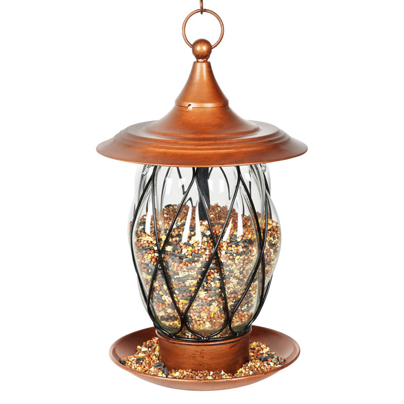 Solar Bronze Metal and Glass Hanging Bird Feeder