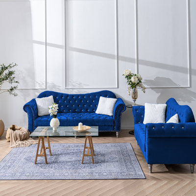 Retro Chesterfield Living Room Sets For Living Room - Polyester Fabric Upholstery With Solid Wood Fram by Charlton Home