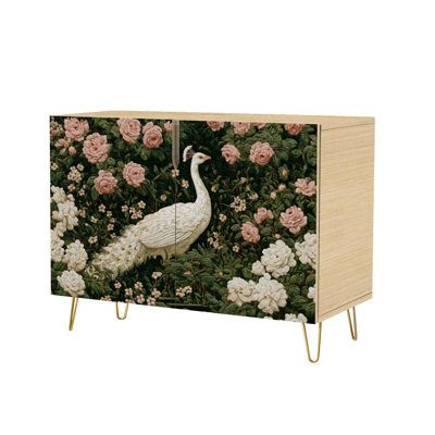 Sideboard Buffet Cabinet with Storage Hand Painted Peacock Garden Earthy Tones with 2 Doors for Living Room and Kitchen