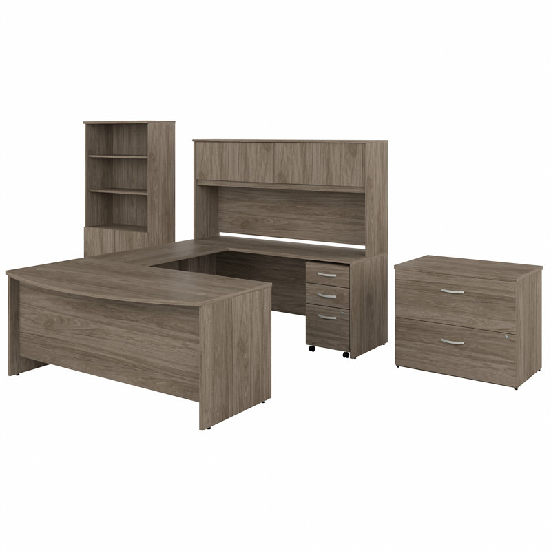 Studio C  8-Piece U Shaped Executive Desk Office Set with Hutch, Modern Hickory