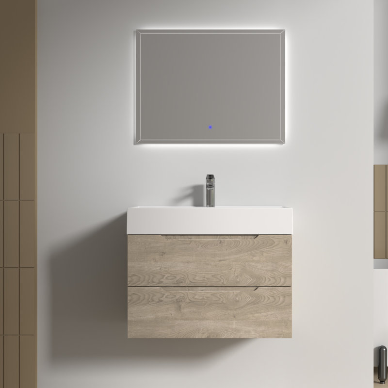 Ensemble de meuble-lavabo mural 32 po avec plateau en pierre blanche et 2 tiroirs modernes pour petite salle de bain, 32"