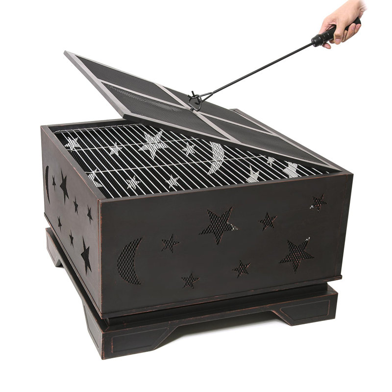 Foyer carré 26 po avec barbecue, foyer extérieur au bois avec tisonnier