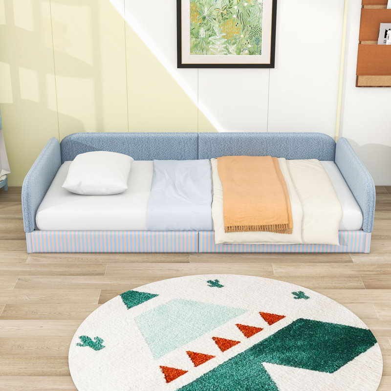 Lit plateforme tapissier avec design Montessori et garde-corps rembourrés en molleton, Lit simple, Bleu