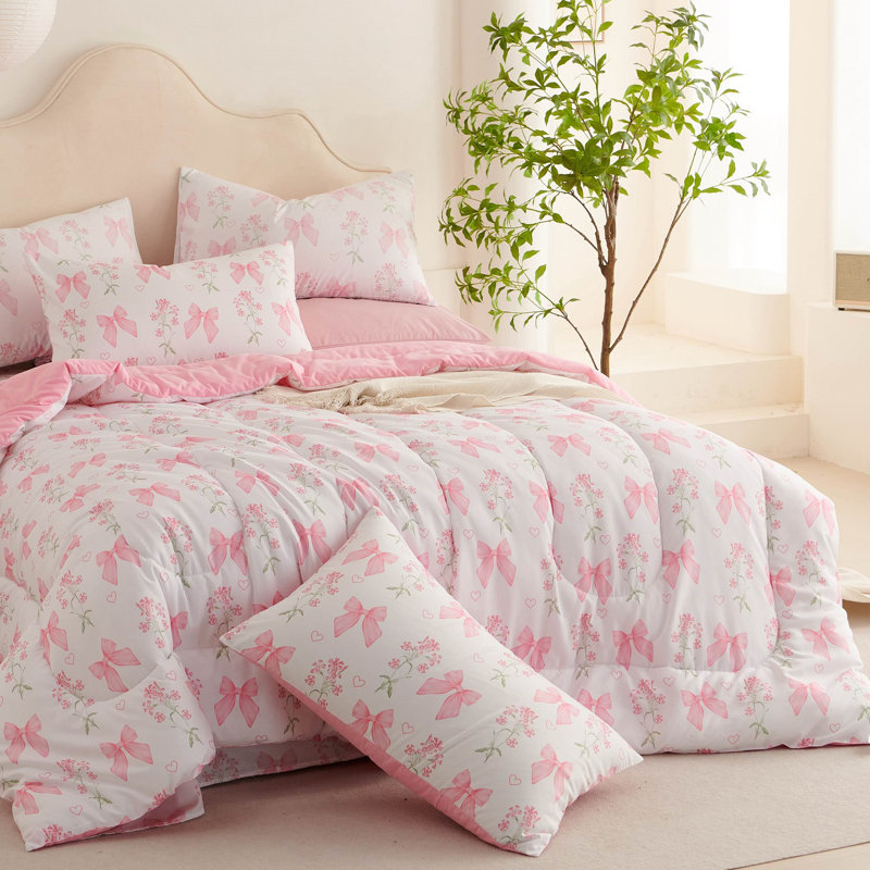 Girls Floral Comforter Set Romantic Princess Style Bowknot Bedding Set Ultra Soft Reversible Garden Flower Comforter With Pillowcases