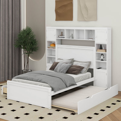 Lit double en bois avec armoire tout-en-un, tablette, douilles et lit gigogne