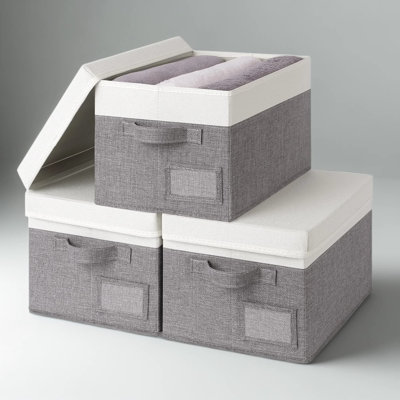 Collapsible Storage Bins with Lids, 3-Pack Decorative Closet Organizers for Shelves, Folding Fabric Storage Boxes for Clothes, Towels, Books, and Office Supplies, Gray and Ivory