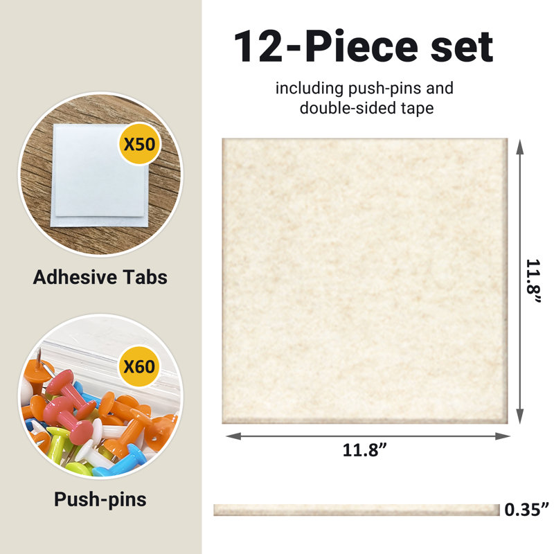 Panneaux muraux en feutre texturé, babillards réutilisables, ensemble de 12 pièces, avec punaises, Beige