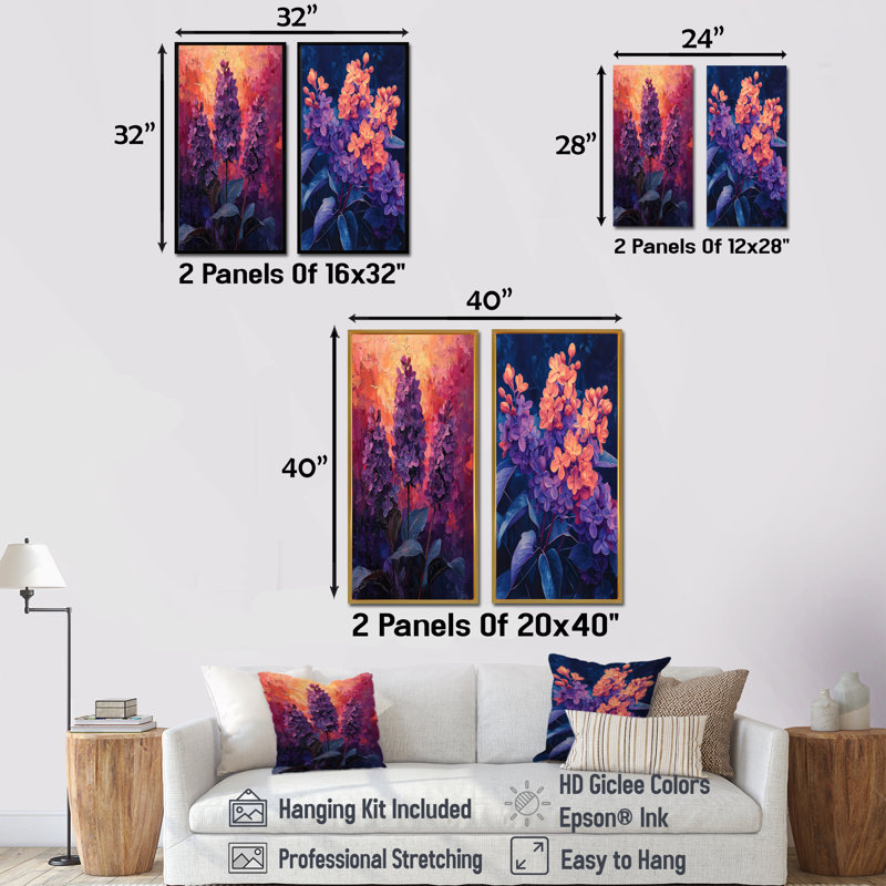Fiery Lilacs in Dark Tones Expressionism I - Art mural floral 2 pièces, H 32 po x l 33 po, Cadre crème crème