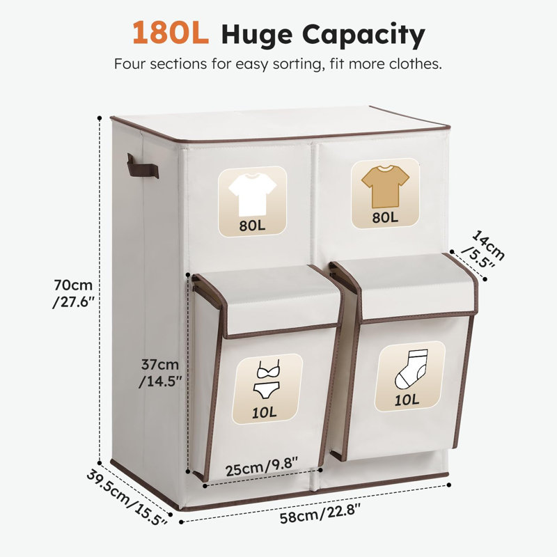 2 Removable 47.8 Gal Double Laundry Hamper with Lid