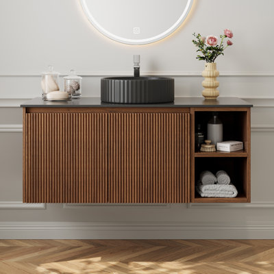 36 " Modern Floating Bathroom Vanity With Round Sink, Wall-Mounted Storage Cabinet With 1 Cabinet And 2 Open Compartments, Black Faux Marble Table Top