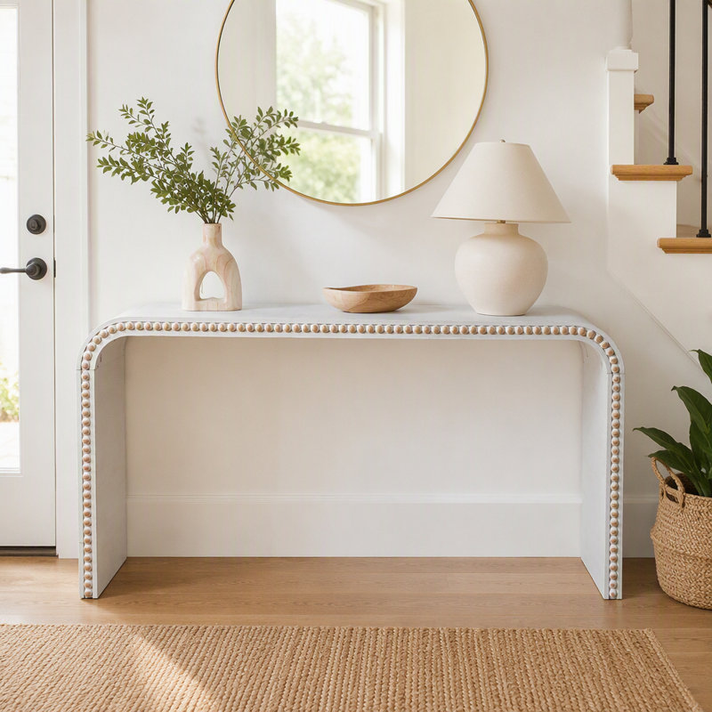 Console blanc délavé, table d'entrée de 59 po, table de style cascade courbée, console avec perles en bois, table d'entrée pour vestibule, couloir, salon, vestibule, couloir, bureau