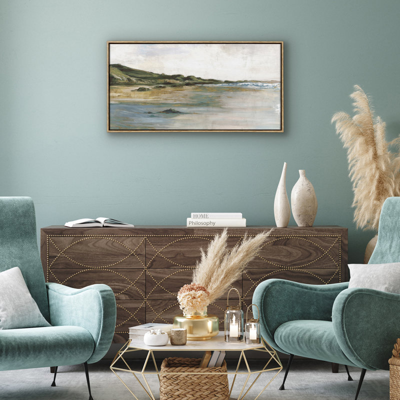 15x30 Canvas Wall Art Featuring a Sandy Shore, Green Hills and Blue Ocean - Coastal Wall Art, 15"x30"