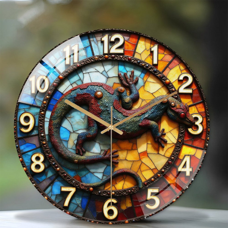 Stained Glass Gecko Clock Decorative Wall Art Art - 12'' Modern Glass Wall Clock