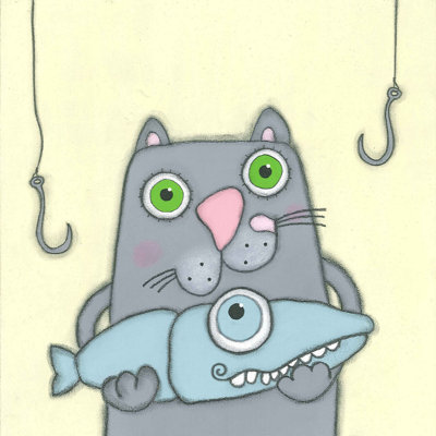 'Cat with Fish' Print on Wrapped Canvas