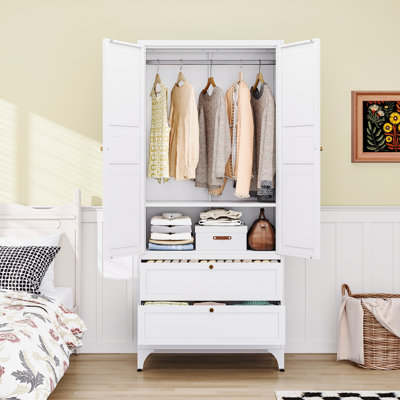 72-Inch Tall Storage Cabinet Metal Wardrobe With Hanging Rail & 2 Drawers For Bedroom, Adjustable Shelves Included