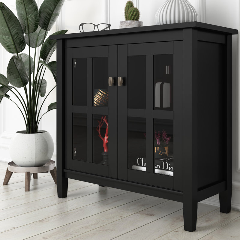 Warm Shaker 32"W Solid Wood Transitional Low Storage Cabinet with Tempered Glass Doors and Adjustable Shelves, Black