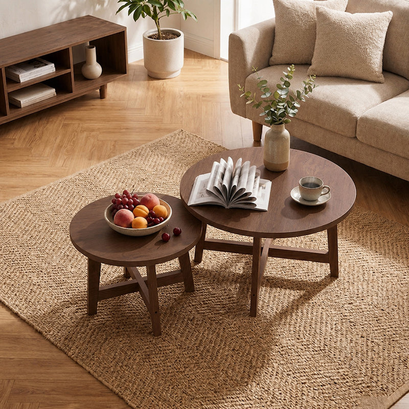 Ensemble de 2 tables basses gigognes rondes, tables d'appoint modernes au fini noyer, tables de bout empilables en forme de X pour le salon, la chambre à coucher et le balcon