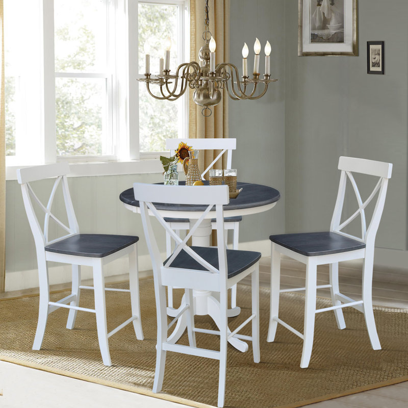 Ensemble de salle à manger extensible en bois massif Caladin, Blanc / gris bruyère, 5
