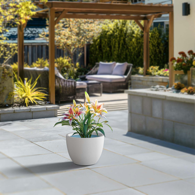 Large Concrete Round Planter / Pot With Drainage Holes, 10.63" H x 14.17" W x 14.17" D, Crisp White (Upgraded Interior)