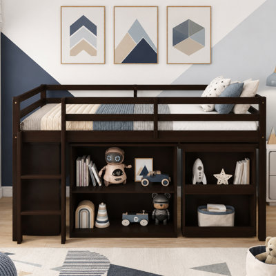 Twin Size Solid Wood Low Loft Bed with Drawer Cabinet, Shelf Cabinet and Pulling -Out Desk