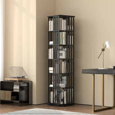 Rotating Bookcase Tower, 6 Tier Black Bamboo Corner Bookshelf with Display Organizer & Floor Storage Rack, 360°Swivel Narrow Space-Saving Design