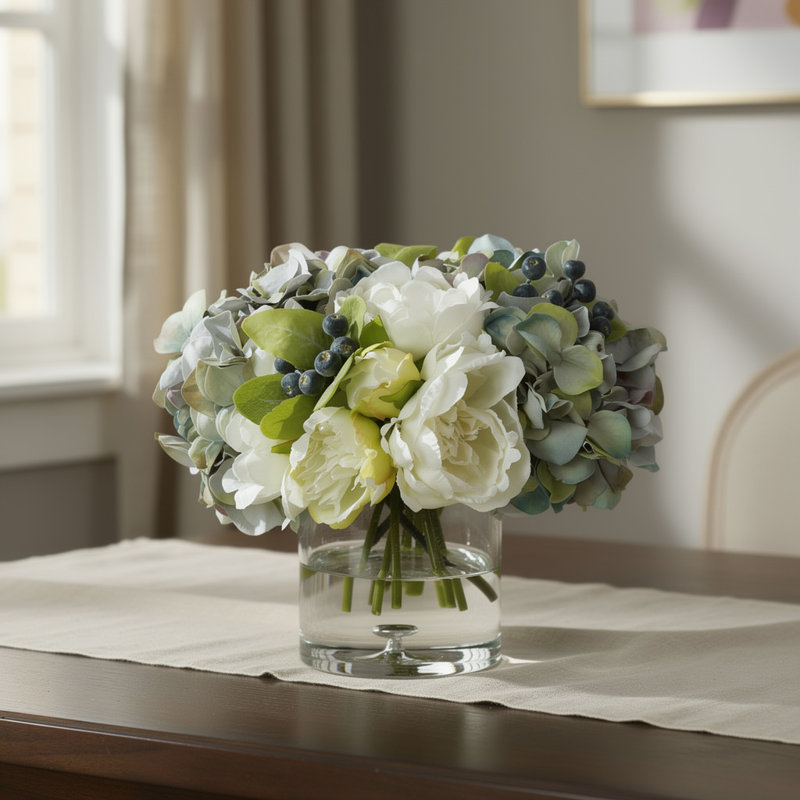 Faux Floral Arrangement with Hydrangeas, Peonies and Berries
