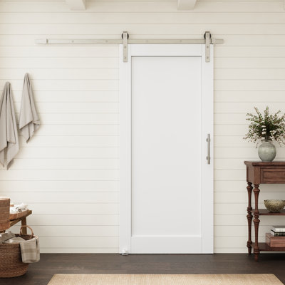 36 x 80 Interior 1 Panel Solid Core Primed Prefinished Standard Slab Door With Nickel Barn Door Hardware Kit