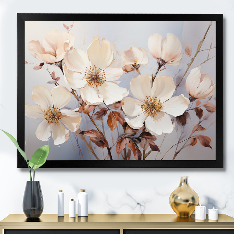 Beige Minimalist Blossoms II, reproduction d'art sur toile, Cadre simple noir, H 16 po x l 32 po x P 1 po