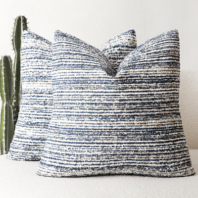 Set Of 2 Faux Fur Textured Modern Throw Decorative Pillow Covers Square Accent Striped Cushion Sherpa Boho Farmhouse Pillowcase For Couch Bed Living Room Home Decor 18X18 Inch,Dark Blue