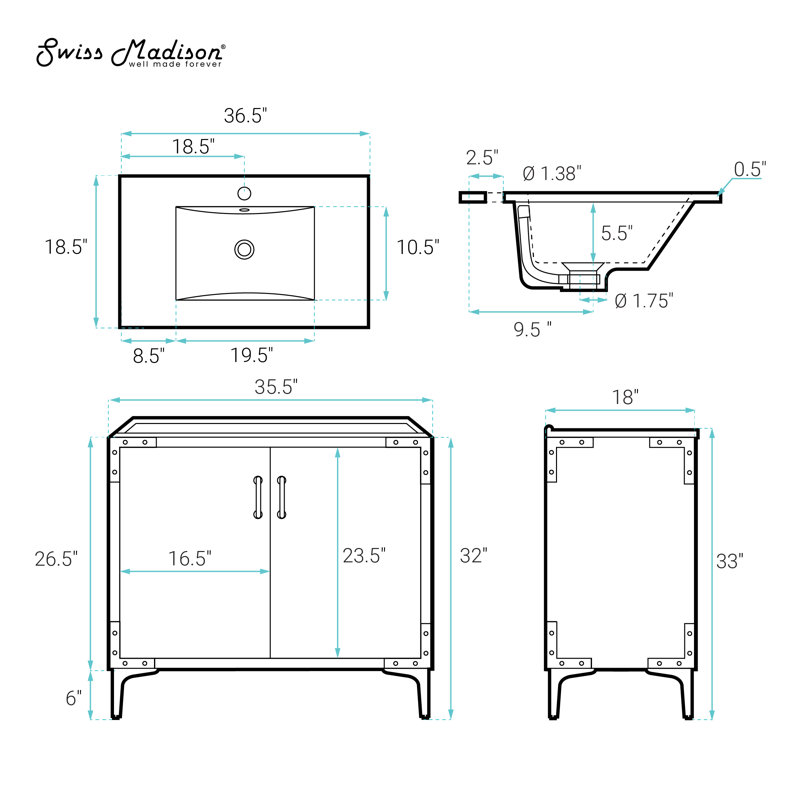 Voltaire 36" Single, Bathroom Vanity in White with Gold Hardware