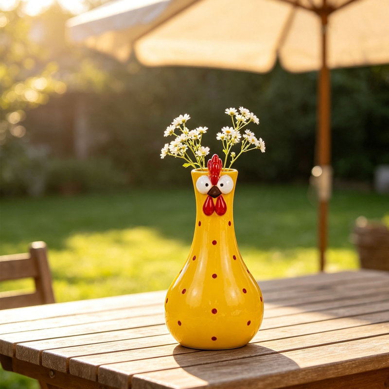 Petit vase coq rouge à long cou en résine, idéal pour décorer une table ou poser de petits bouquets., Jaune