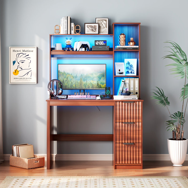 Computer Desk with 3 Drawers, LED Lighting, Charging Station & Bookshelf, Warm Brown