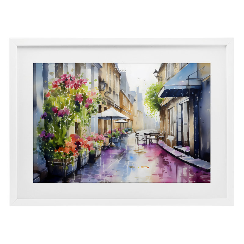 Scène de rue d'été, reproduction encadrée sous verre, design par LSR Creative Studio, H 14 po x l 20 po, Cadre blanc côtier