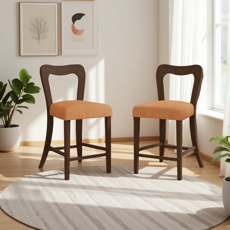 Ensemble de 2 tabourets de comptoir sans accoudoirs, Siège caramel / structure en noyer