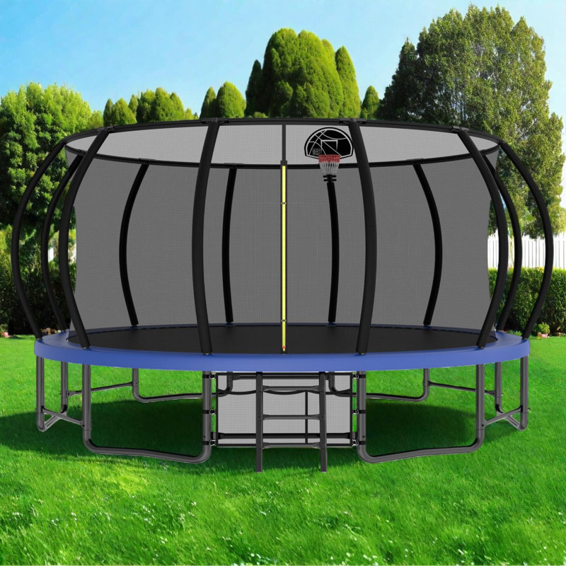 Trampoline récréatif 15 pi avec panier de basketball, enceinte de sécurité, échelle et sac à chaussures, Bleu