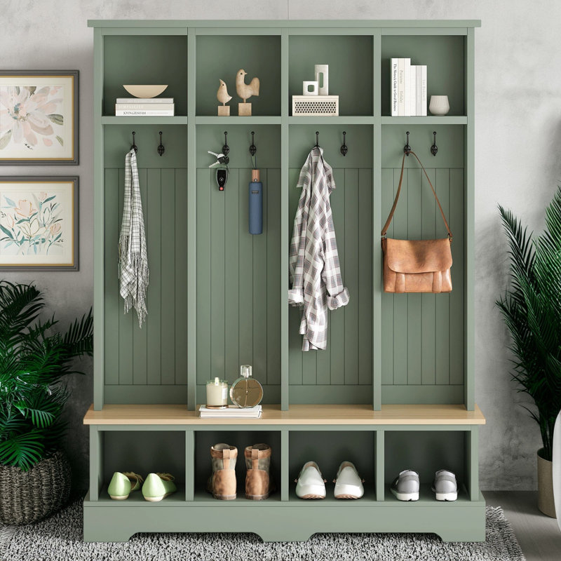 Arbre d'entrée de 59 po de largeur avec banc et rangement pour chaussures, Vert