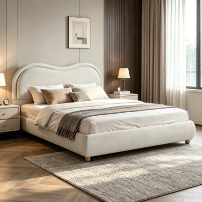 Upholstered Platform Bed Frame With Rounded Corners Curved Headboard, Wooden Slats, Oak Solid Wood Legs, Chenille Fabric, No Box Spring Needed, Easy Assembly, Olive Green